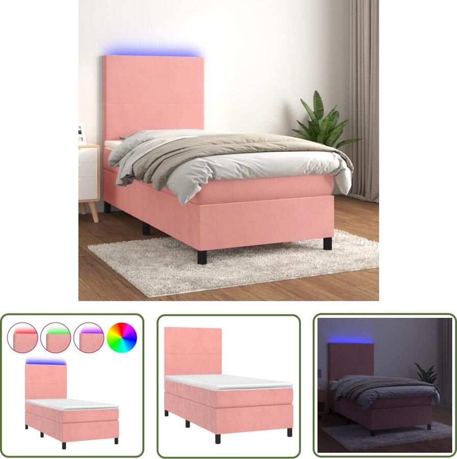 The Living Store Boxspring met matras en LED fluweel roze 80x200 cm Boxspring Led Bed Velvet Bed Roze Bed Tweepersoonsbed