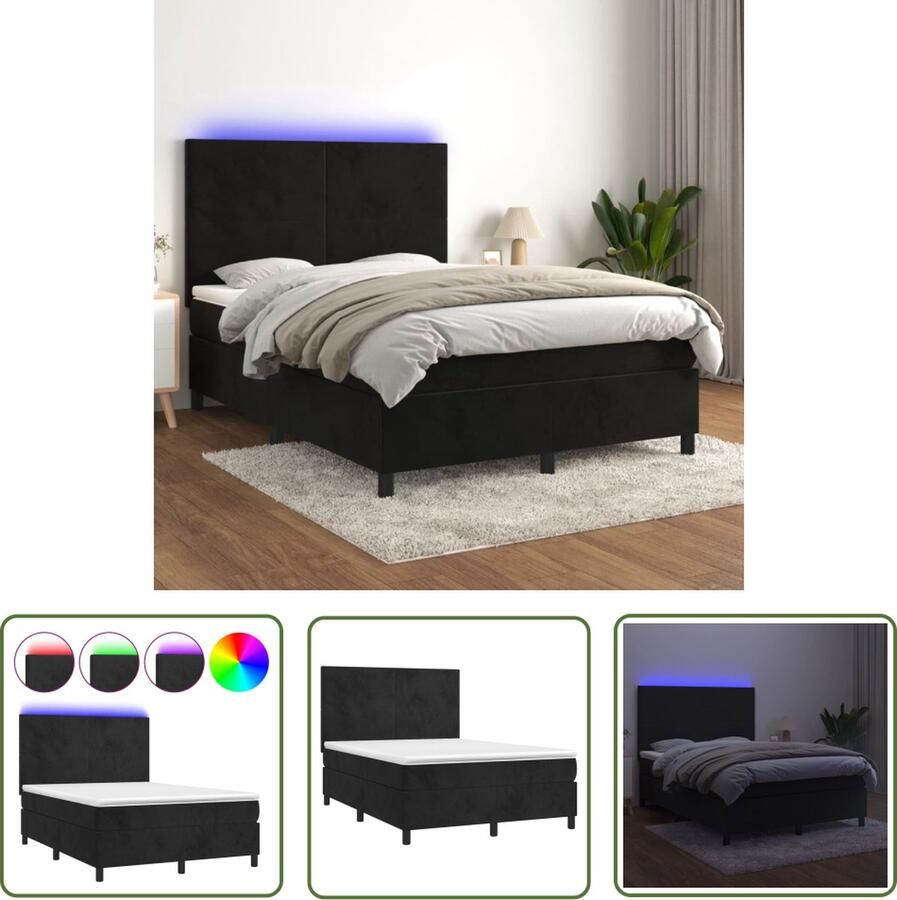 The Living Store Boxspring Zwart 203x144x118 128 cm Fluweel Pocketvering LED Boxspring Led Bed Velvet Bed Zwarte Boxspring Tweepersoons Bed