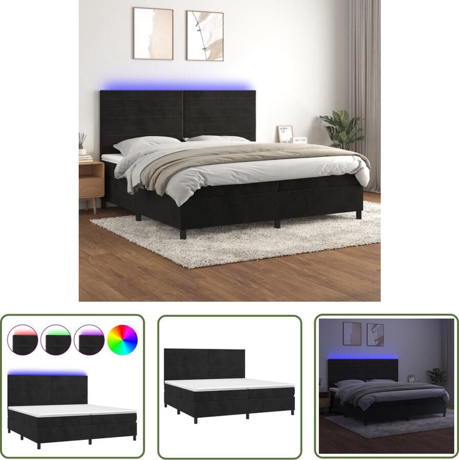 The Living Store Bed Boxspring met LED Zacht fluweel Praktisch hoofdbord Kleurrijke LED-verlichting Pocketvering matras Huidvriendelijk topmatras 203x200x118 128cm Zwart
