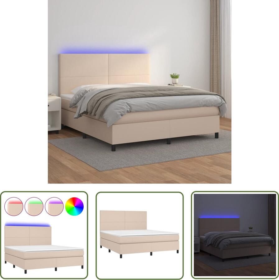 The Living Store Boxspring met matras en LED kunstleer cappuccinokleur 180x200cm Boxspring Led Bed Bruine Boxspring Kapstokkast Bedroom Furniture