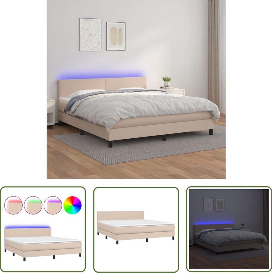 The Living Store Boxspring met matras en LED kunstleer cappuccinokleur 180x200cm Boxspring Led Bed Kapstok Bruine Boxspring Lederlook Bed
