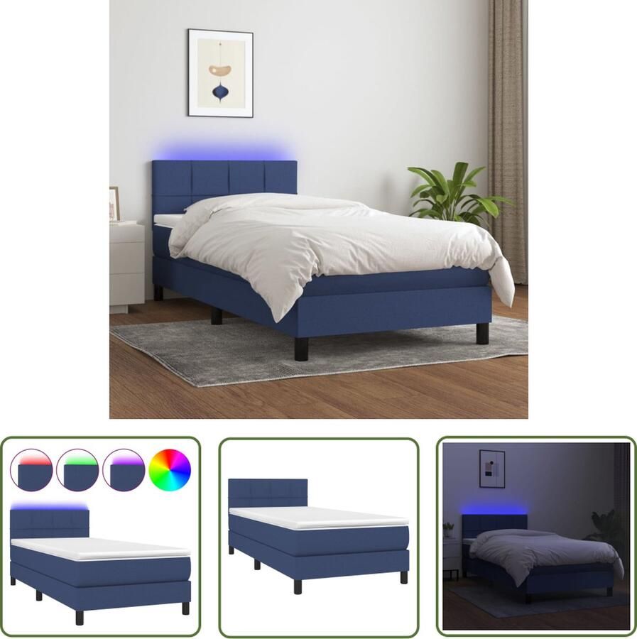 The Living Store Boxspring Bed Blauw 193 x 90 x 78 88 cm Verstelbaar hoofdbord Kleurrijke LED-verlichting Pocketvering matras Huidvriendelijk topmatras Inclusief montagehandleiding