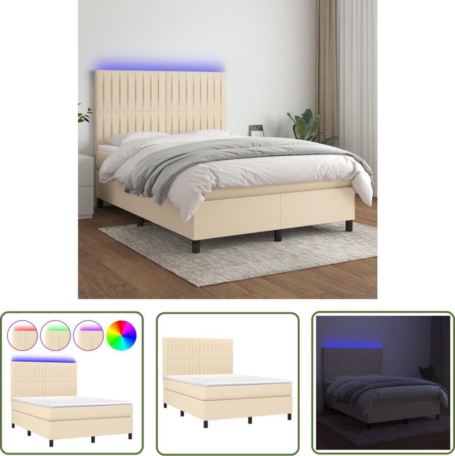 The Living Store Boxspring Bed LED 140x190 cm Crème Pocketvering Matras Huidvriendelijk Topmatras Boxspring Led Bed Creme Bed Tweepersoonsbed Boxspring Met Led