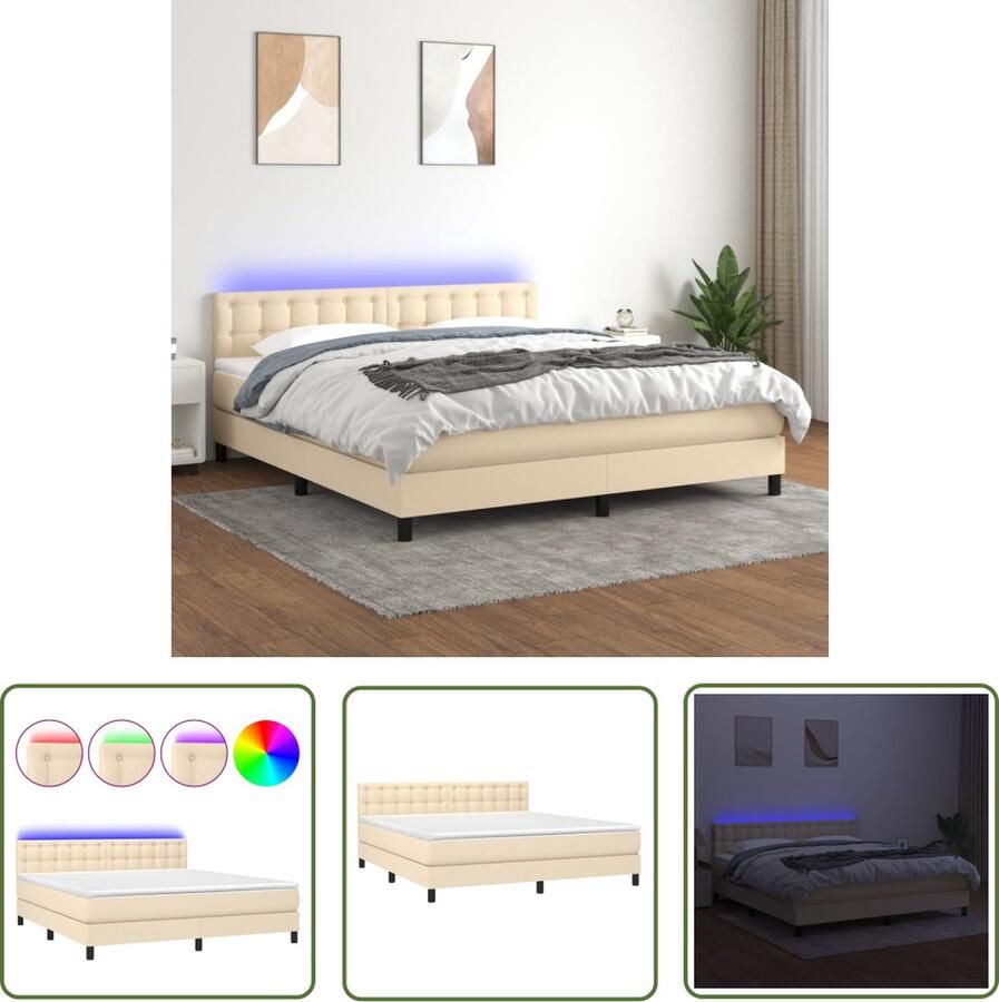 The Living Store Boxspring LED 160 x 200 cm Hoofdbord Verstelbaar Pocketvering Matras Huidvriendelijk Topmatras Boxspring Led Bed Slaapcomfort Creme Kleurig Bed Pocketed Veren Matras
