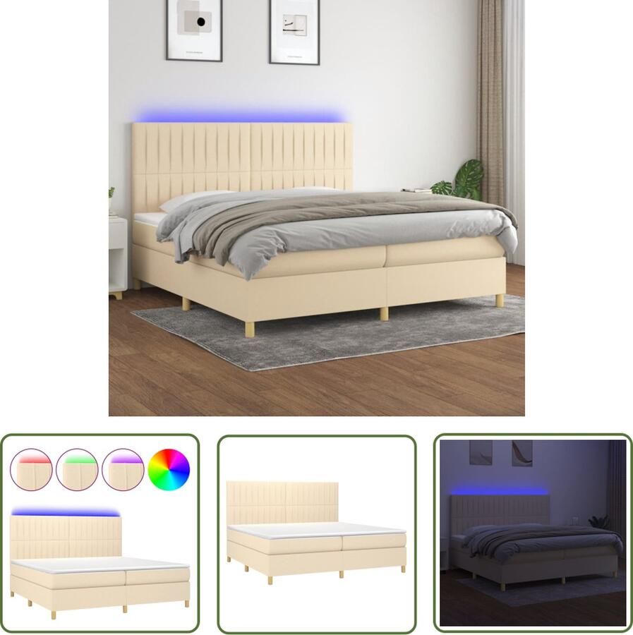 The Living Store Boxspring met matras en LED stof crèmekleurig 200x200 cm Boxspring Led Bed Creme Bed Tweepersoonsbed Pocketveer Matras