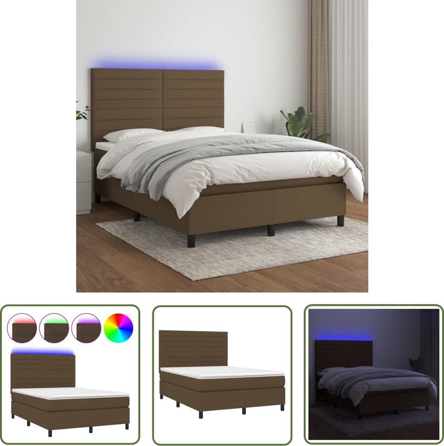The Living Store Boxspring Bed Donkerbruin 193 x 144 x 118 128 cm Verstelbaar hoofdbord Kleurrijke LED-verlichting Pocketvering matras Huidvriendelijk topmatras Incl montagehandleiding