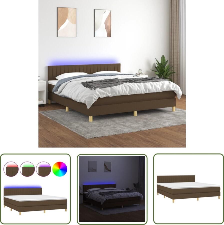 The Living Store Boxspring Dreams Bedframe 203x160x78 88cm Donkerbruin Inclusief Matras en Topmatras LED-verlichting Boxspring Led Bed Droomboxspring Slaapcomfort Donkere Bruine Bed