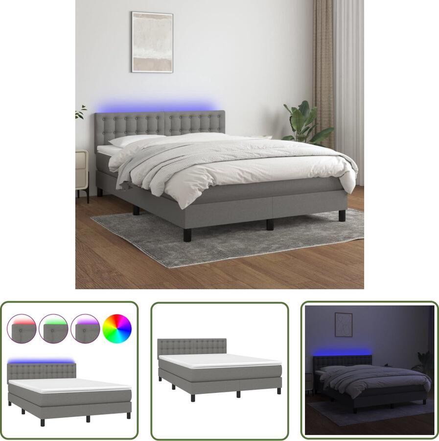 The Living Store Boxspring met matras en LED stof donkergrijs 140x200 cm Boxspring Led Bed Donkere Kleuren Tweepersoonsbed Boxspring Frame
