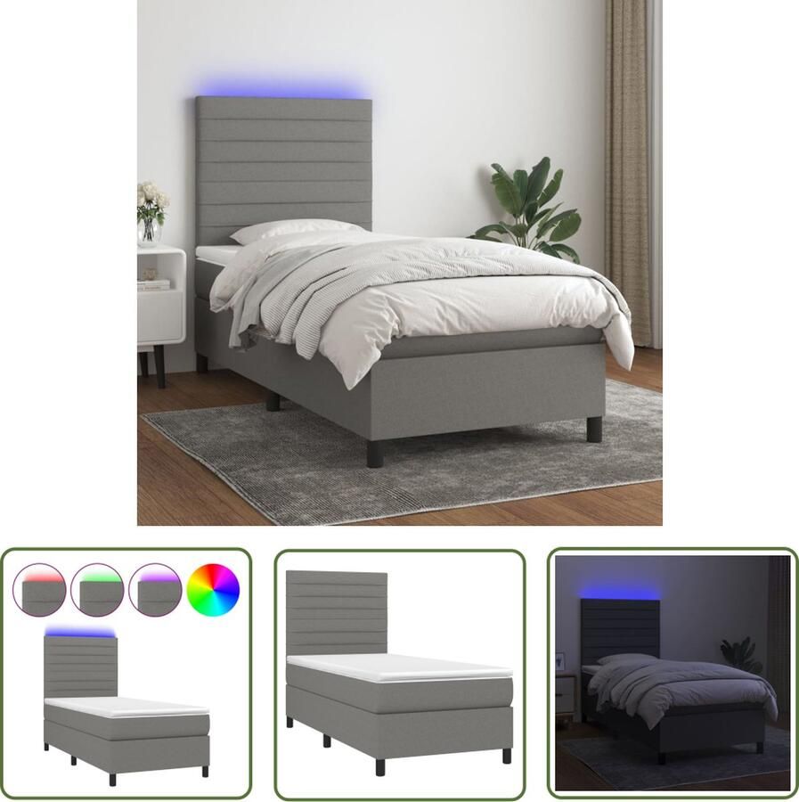 The Living Store Boxspring LED Dubbel Donkergrijs 193x90x118 128cm Pocketvering Boxspring Led Bed Donkere Boxspring Tweepersoons Bed Pocketveer Matras