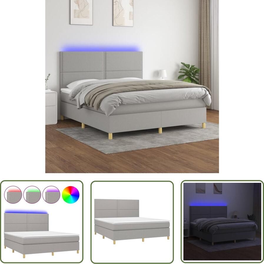 The Living Store Boxspring LED lichtgrijs 203 x 160 x 118 128 cm pocketvering matras huidvriendelijk topmatras Boxspring Led Bed Boxspring Met Led Tweepersoons Bed Grijs Bed