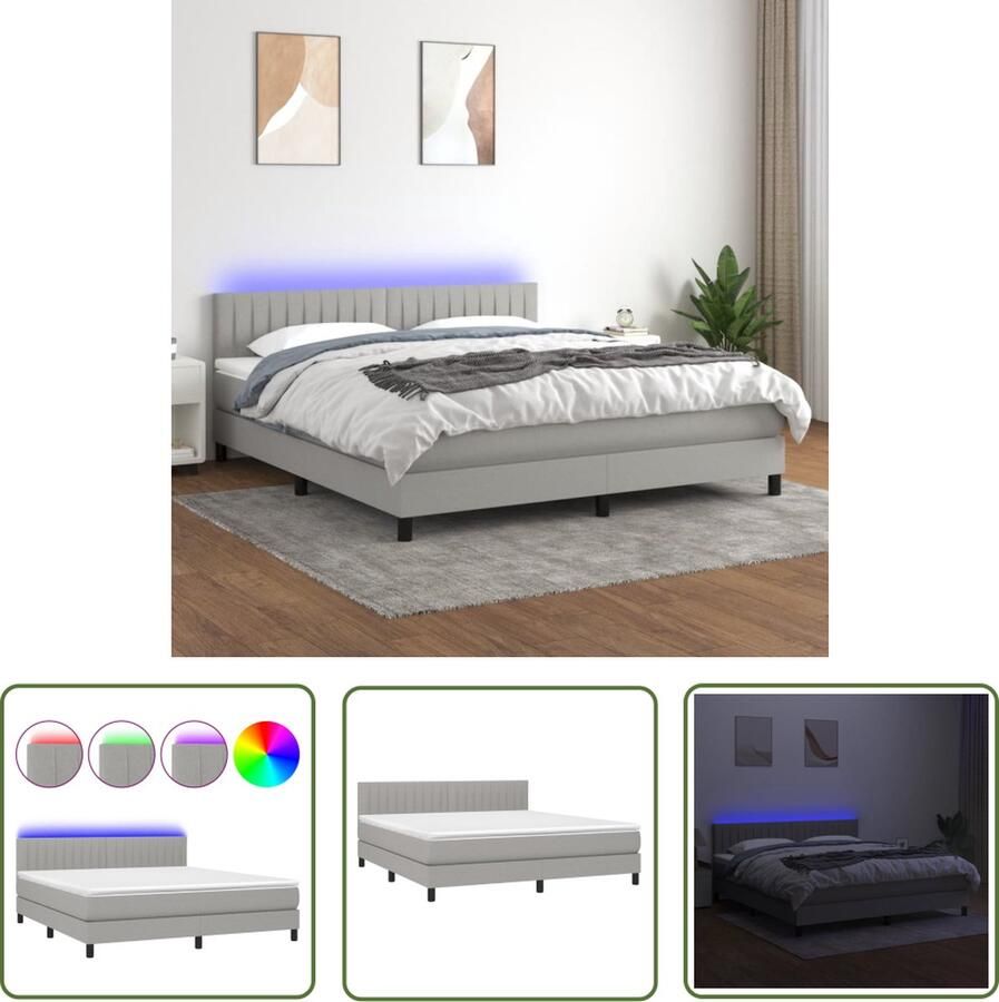 The Living Store Boxspring LED 203 x 160 x 78 88 cm Lichtgrijs Pocketvering matras Huidvriendelijk topmatras Kleurrijke LED-verlichting Inclusief montagehandleiding Boxspring Led Bed Slaapcomfort Boxspring Frame Tweepersoonsbed