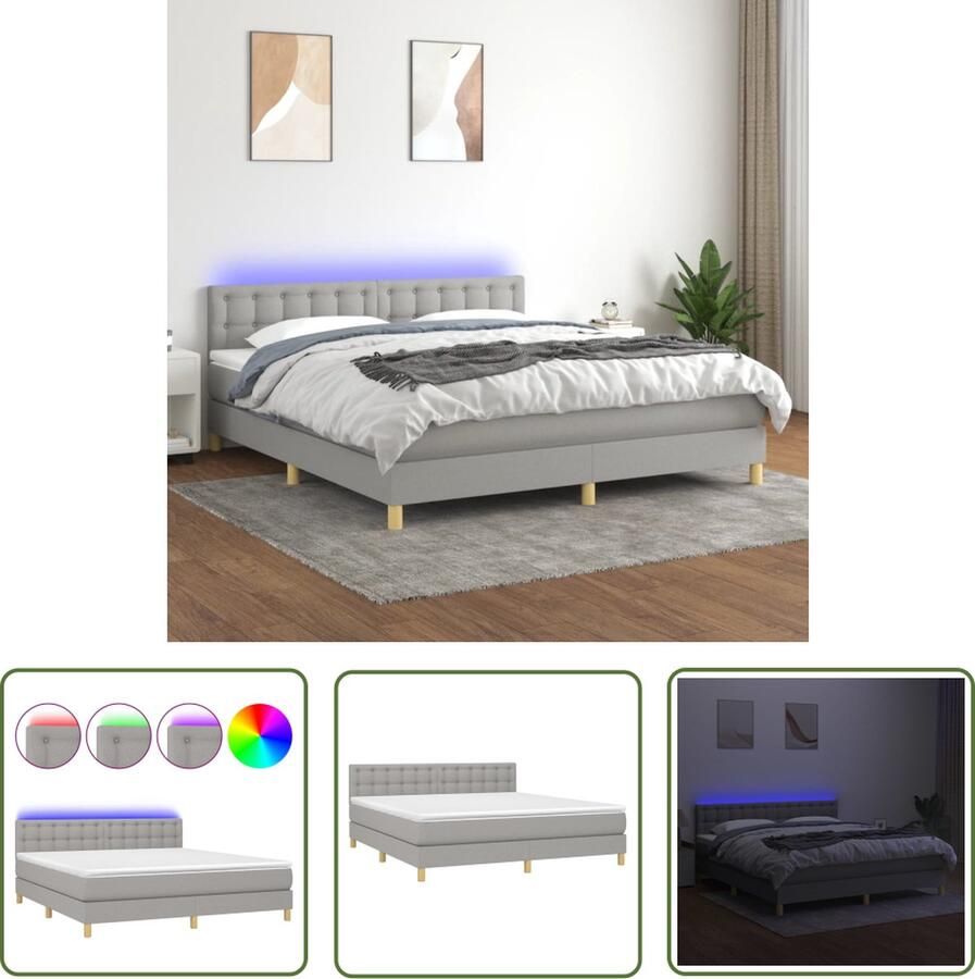 The Living Store Boxspring Premium Bed met LED-verlichting 203 x 180 cm Lichtgrijs Pocketvering matras Boxspring Led Bed Slaapcomfort Slaapkamers Design Bed
