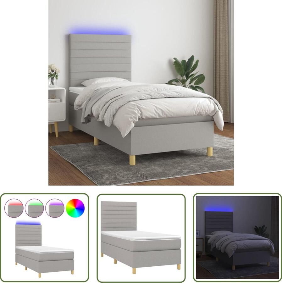 The Living Store Boxspring Bed met LED Lichtgrijs 193 x 90 x 118 128 cm Pocketvering matras Huidvriendelijk topmatras Inclusief LED-strip Boxspring Led Bed Boxspring Frame Tweepersoons Bed Grijs Bed