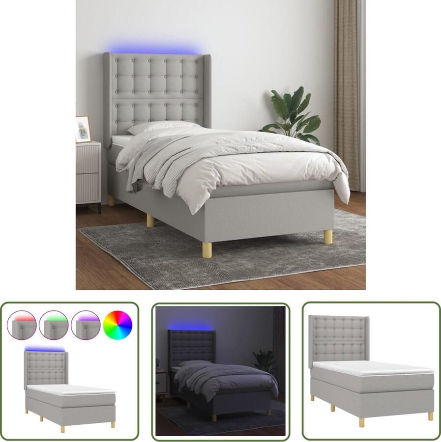 The Living Store Bed LED 193x93x118 128 lichtgrijs stof pocketvering matras wit en lichtgrijs stof schuim 90x190x20 wit stof schuim 90x190x5 LED-strip 55 cm DC 5V IP65