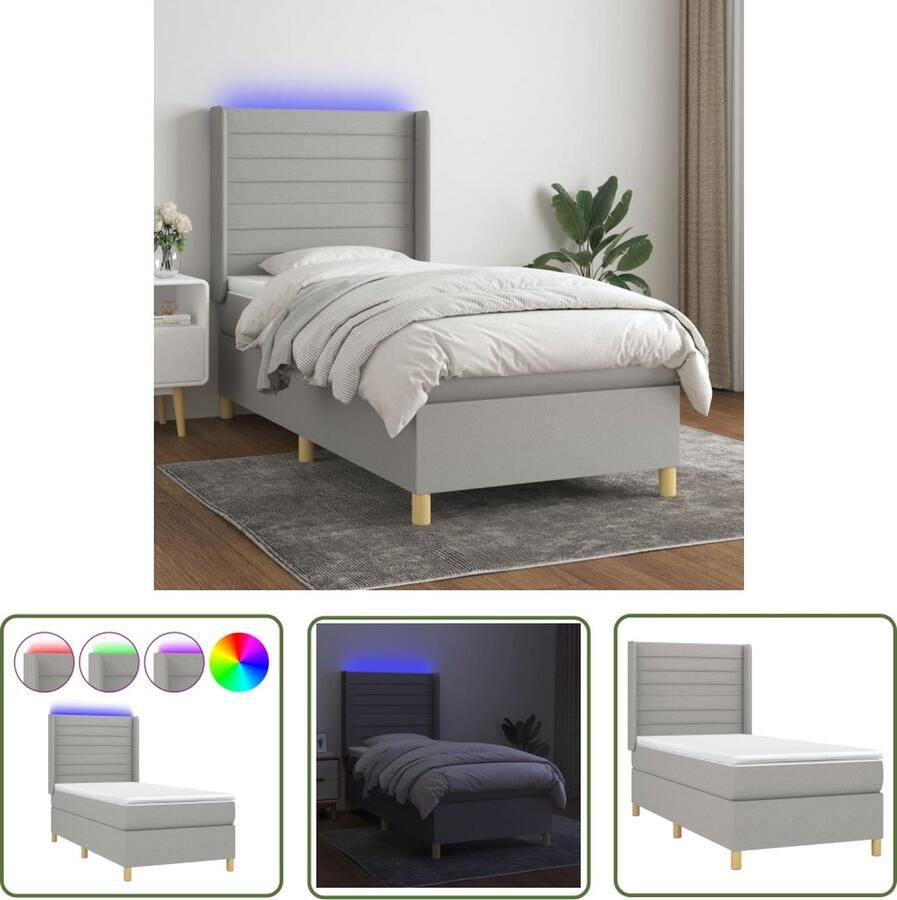 The Living Store Boxspring met matras en LED stof lichtgrijs 90x200 cm Boxspring Led Bed Slaapcomfort Hoofdbord Pocketed Spring Mattress