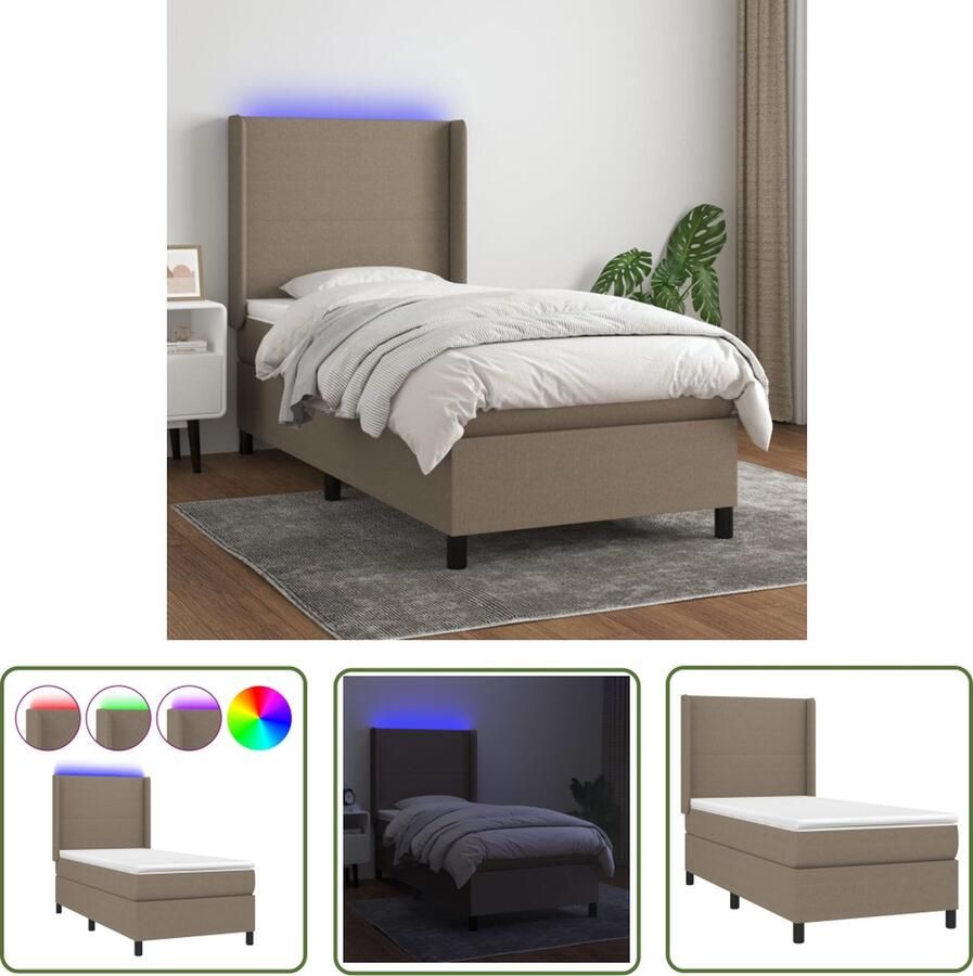 The Living Store Boxspring met matras en LED stof taupe 100x200 cm Boxspring Led Bed Taupe Bed Tweepersoonsbed Pocketed Spring Mattress