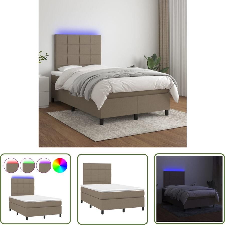 The Living Store Bed Boxspring met LED 203x120 cm Taupe Pocketvering Boxspring Led Bed Tweepersoonsbed Taupe Bed Pocketed Spring Mattress