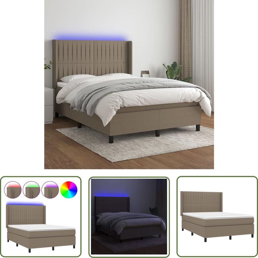 VidaXL Boxspring met matras en LED stof taupe 140x190 cm Boxspring Led Bed Slaapcomfort Taupecalor Tweepersoonsbed