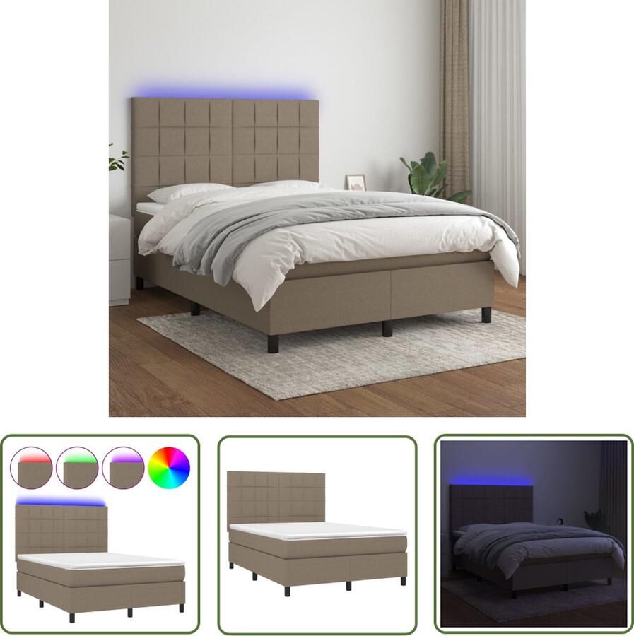 The Living Store Boxspring met matras en LED stof taupe 140x200 cm Boxspring Led Bed Boxspring Met Led Taupes Bed Slaapcomfort