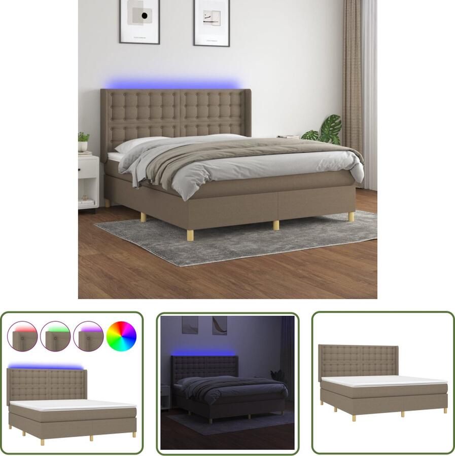 The Living Store Boxspring Bed Taupe 203x163x118 128 cm LED Pocketvering Matras Huidvriendelijk Topmatras Inclusief Handleiding Boxspring Led Bed Boxspring Bed Slaapcomfort Taupecalor