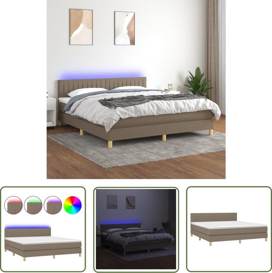 The Living Store Boxspring met matras en LED stof taupe 160x200 cm Boxspring Led Bed Boxspring Met Led Taupechambre Tweepersoonsbed