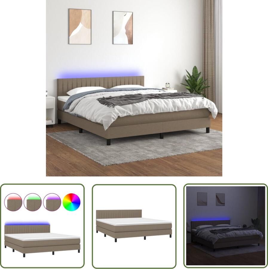 The Living Store Boxspring met matras en LED stof taupe 160x200 cm Boxspring Led Bed Pocketveer Matras Taupeclub Fauteuil Slaapcomfort