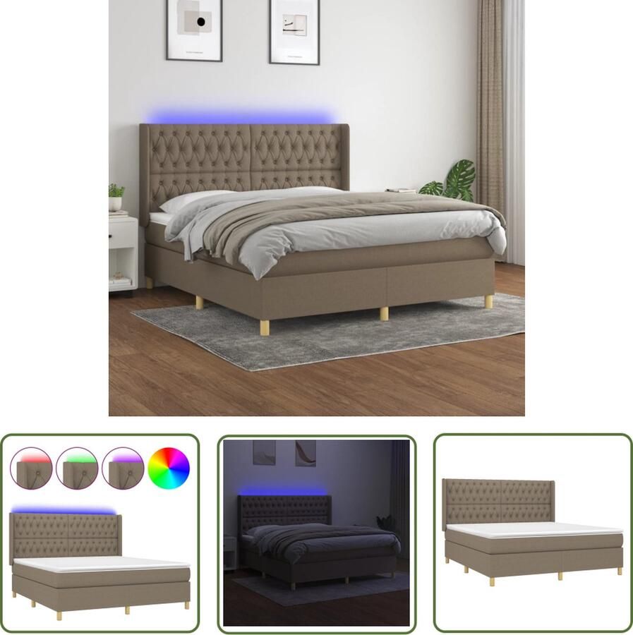 The Living Store Boxspring Bed Pocketvering Matras LED Verlichting 203 x 183 x 118 128 cm Taupe USB Boxspring Led Bed Pocketed Spring Mattress Hoofdbord Taupec Bed