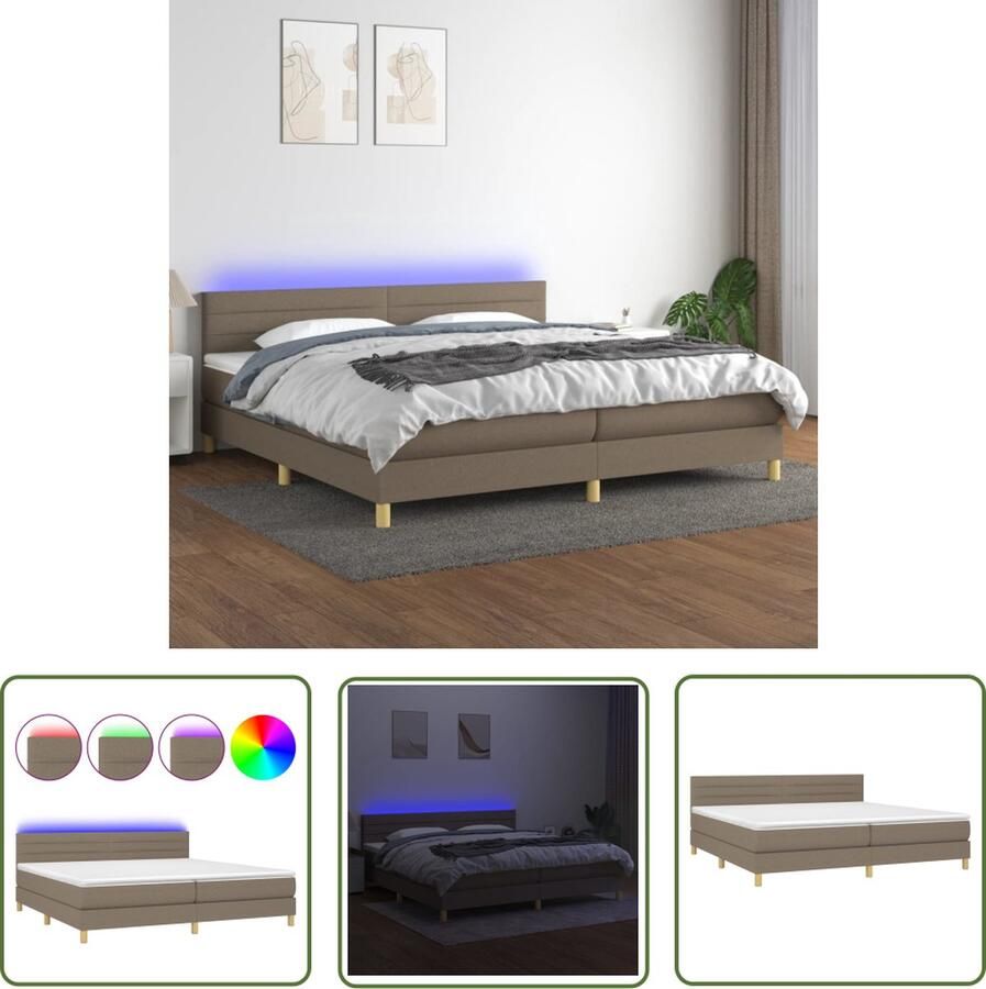 The Living Store Boxspring s Bed 203 x 200 cm LED Duurzaam Verstelbaar hoofdbord Pocketvering matras Huidvriendelijk topmatras Kleur- taupe Incl LED-strips
