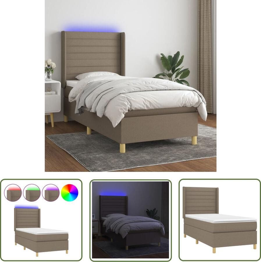 The Living Store Boxspring Bed LED Pocketvering Huidvriendelijk Taupe 203x83x118 128cm Boxspring Led Bed Slaapcomfort Taupecolor Pocketing Matras