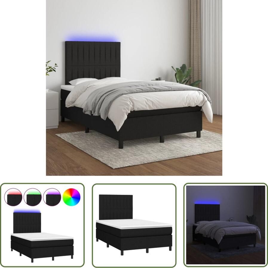 The Living Store Boxspring Zwart 203x120x118 128 cm LED Pocketvering Matras Huidvriendelijk Boxspring Led Bed Boxspring Frame Tweepersoons Bed Zware Boxspring