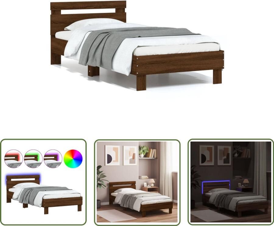 VidaXL Led Bed Bruin Houten Bed Bedframe met hoofdbord en LED bruin eikenkleur 75x190 cm Tweepersoonsbed Boxspring Bed Bedroom Furniture