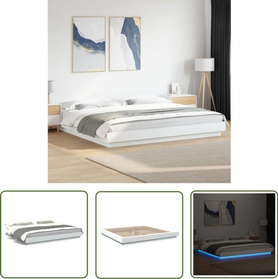VidaXL Bedframe met LED-verlichting bewerkt hout wit 200x200 cm Bed Frame Led Bed Houten Bed Tweepersoonsbed Witte Bed