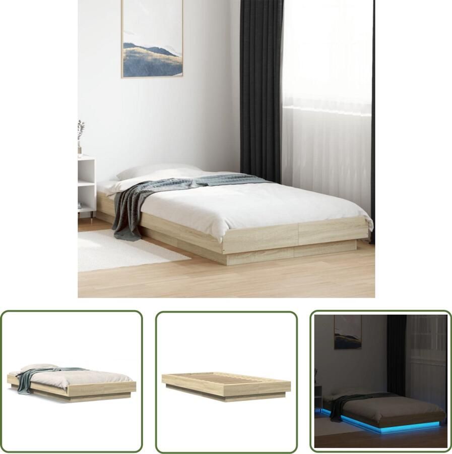 VidaXL Bedframe met LED-verlichting sonoma eikenkleurig 90x200 cm Bed Frame Led Bed Houten Bed Sonoma Eiken Tweepersoonsbed