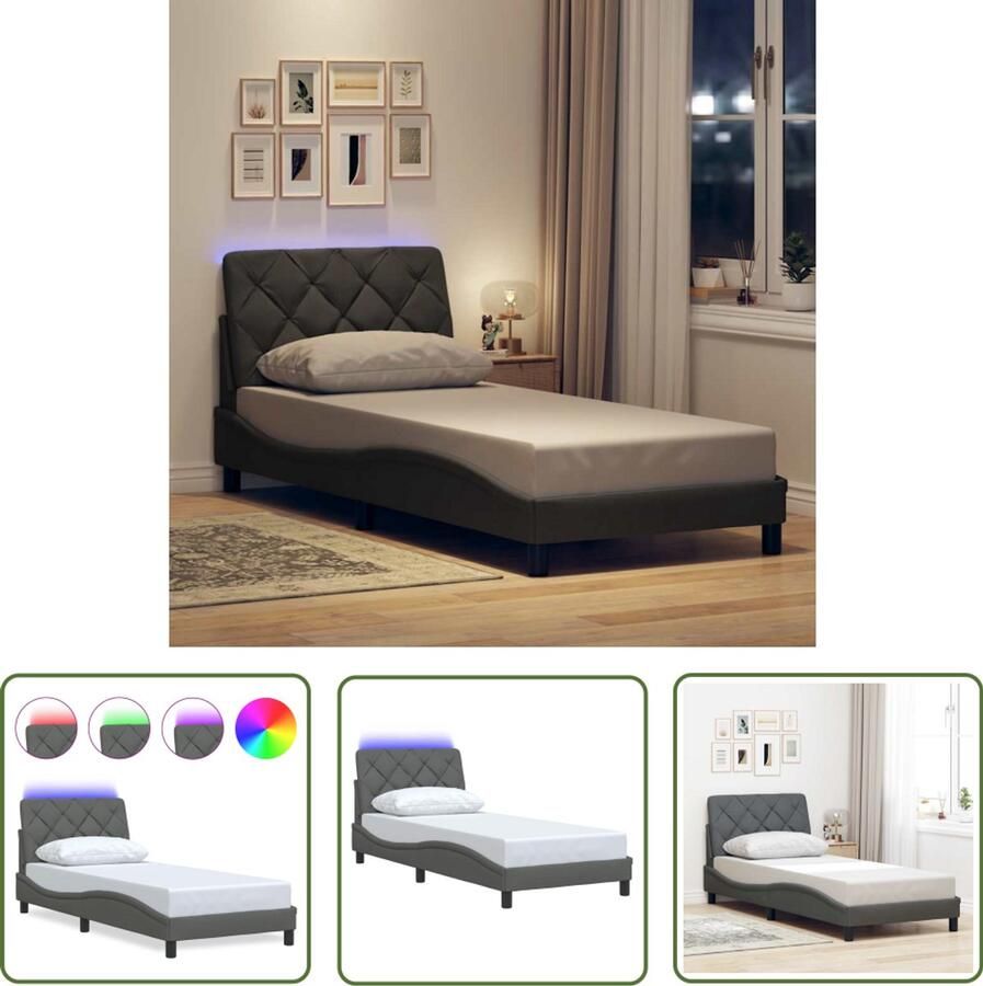 VidaXL Bedframe met LED zonder matras 90x200 cm stof donkergrijs Bed Frame Led Bed Slaapcomfort Hoofdbord Nachtlampje