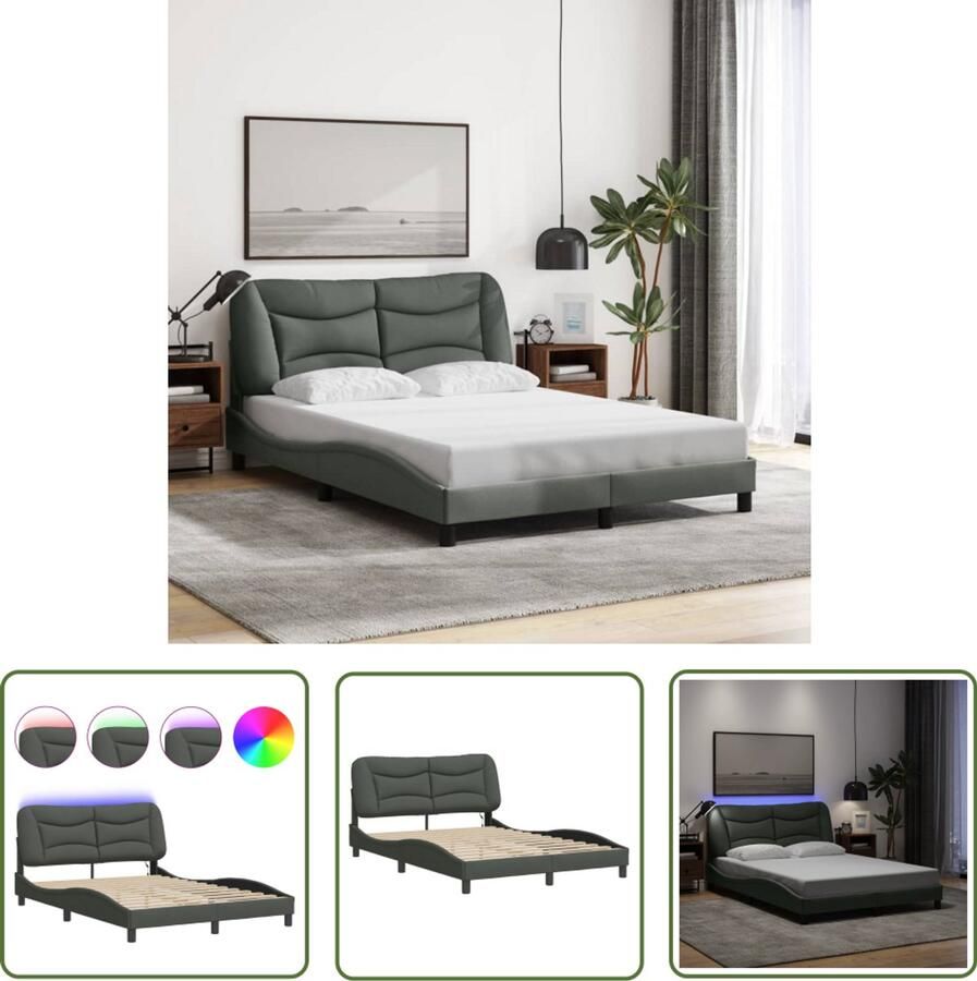 VidaXL Bedframe met LED zonder matras Hvar 120x200 cm stof donkergrijs Bed Frame Led Bed Tweepersoonsbed Donkere Kleuren Stoffen Bed