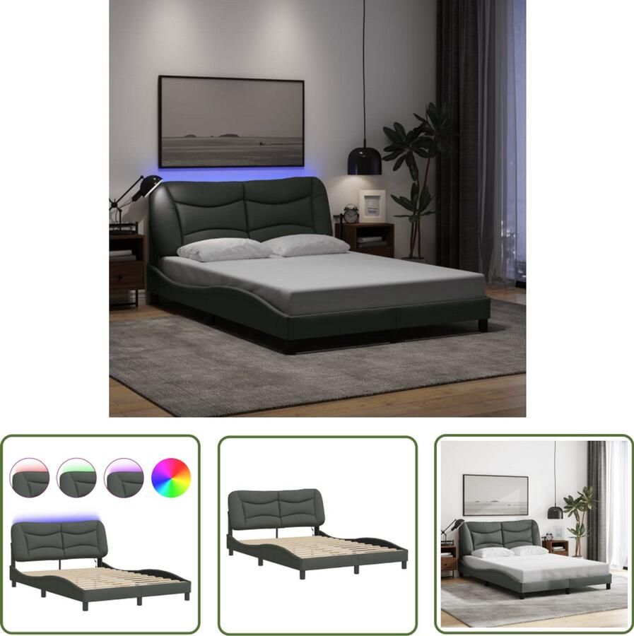 VidaXL Bedframe met LED zonder matras Hvar 140x190 cm stof donkergrijs Bed Frame Led Bed Tweepersoonsbed Donkere Kleuren Stoffen Bed
