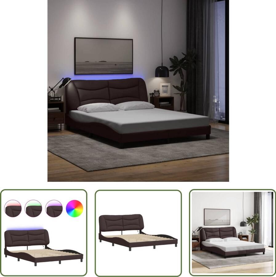 VidaXL Bedframe met LED zonder matras Hvar 160x200 cm stof donkerbruin Bed Frame Led Bed Boxspring Tweepersoonsbed Donkere Kleuren