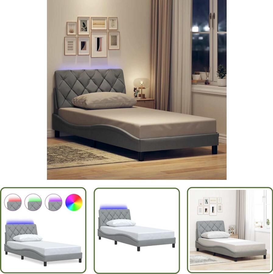 VidaXL Bedframe met LED zonder matras stof 100x200 cm lichtgrijs Bed Frame Led Bed Slaap Kamer Boxspring Tweepersoons Bed