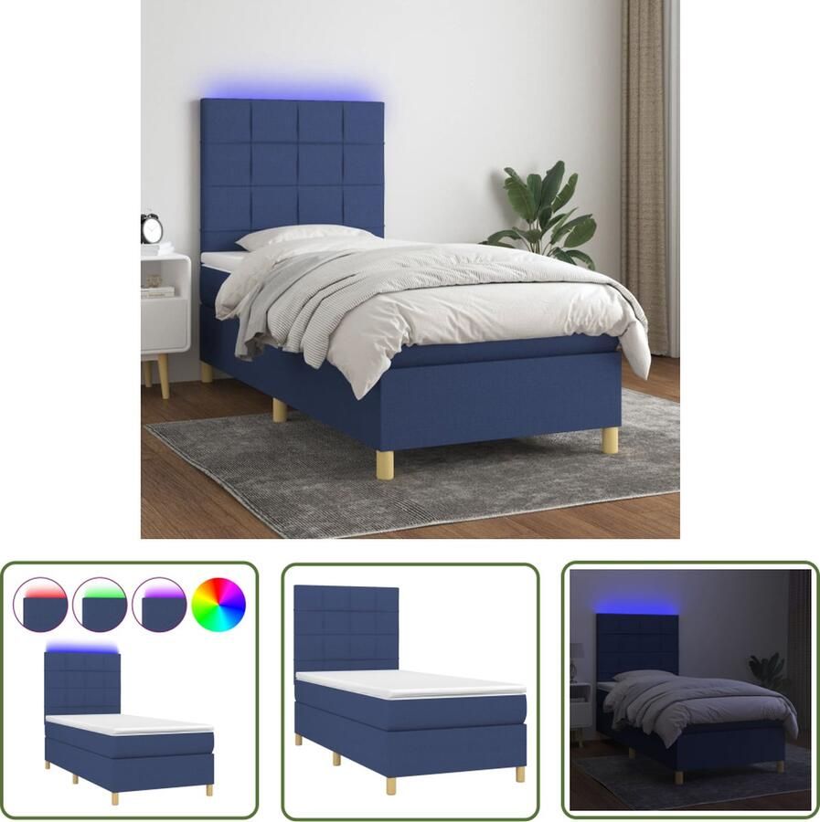 The Living Store Bed Frame Blauw 203x90x118 128 cm LED Pocketvering Matras Huidvriendelijk Topmatras Boxspring Led Bed Frame Slaapcomfort Pocketveer Matras Blauwe Bedbank