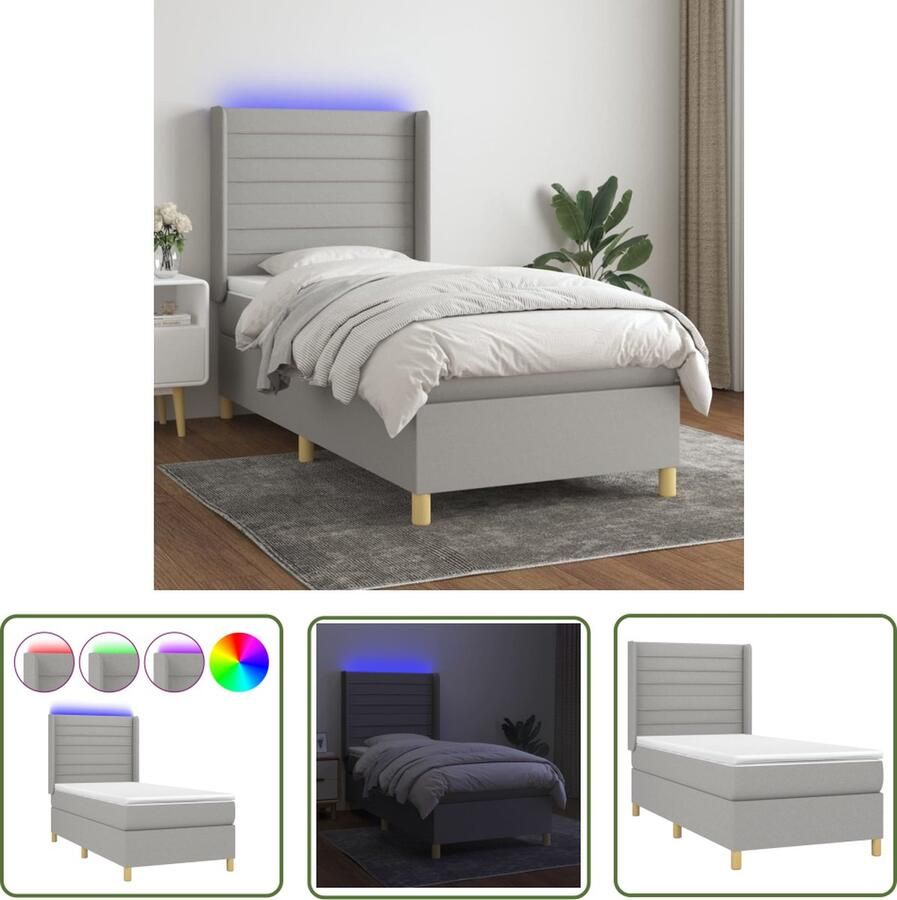 The Living Store Boxspring LED Bedframe met Hoofdbord Pocketvering Matras Huidvriendelijk Topmatras en Kleurrijke LED-verlichting Lichtgrijs 193 x 93 x 118 128 cm