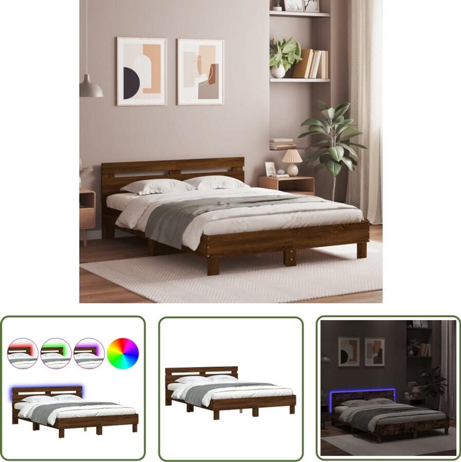 VidaXL Bedframe met hoofdeinde en LED bruin eikenkleur 140x190 cm Bruin Houten Bed Led Bed Frame Tweepersoons Bed Boxspring Bed Modern Bed