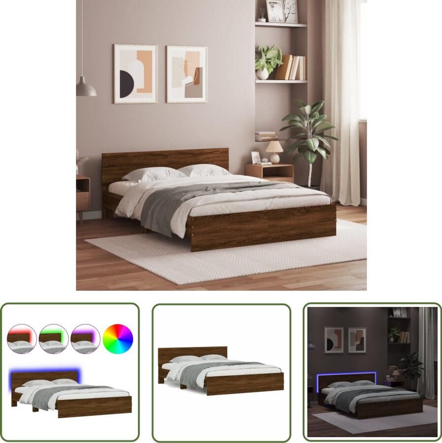 VidaXL Bedframe met hoofdeinde en LED bruin eikenkleur 160x200 cm Bruin Houten Bed LED Bed Frame Tweepersoons Bed Boxspring Bed Modern Bed
