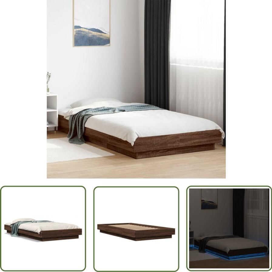 VidaXL Led Bed Frame Bruin Houten Bed Bedframe met LED-verlichting bruin eikenkleurig 75x190 cm Tweepersoons Bed Met Lampjes Modern Bed