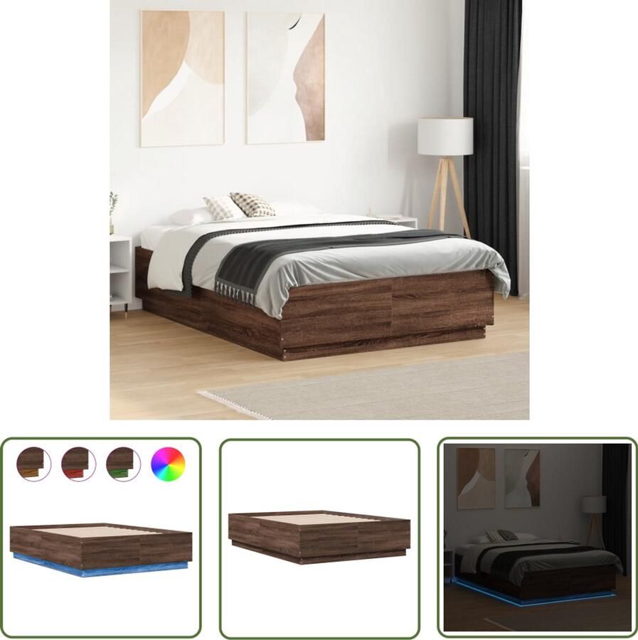 VidaXL Bedframe met LED-verlichting bruin eikenkleurig 120x190 cm Bruin Houten Bed Frame Led Bed Frame Tweepersoons Bed Slaap Kamer Decoratie Modern Bed Frame