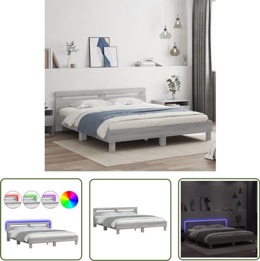 VidaXL Bedframe met hoofdeinde en LED grijs sonoma eiken 200x200 cm Modern Bed Frame LED Bed Frame Houten Bed Frame Grijze Bed Frame Bed Frame 200x200