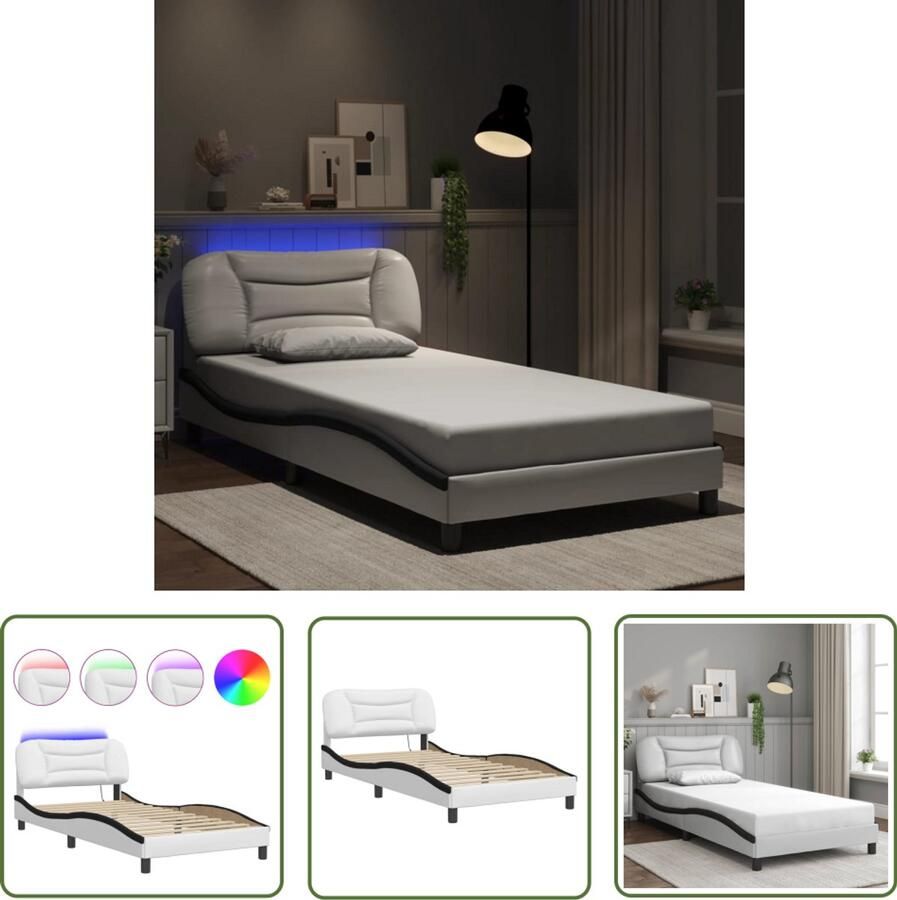VidaXL Bedframe met LED zonder matras Hvar kunstleer wit en zwart 100x200 cm Modern Bed Frame Led Bed Frame Kunstleder Bed Tweepersoons Bed Boxspring Bed