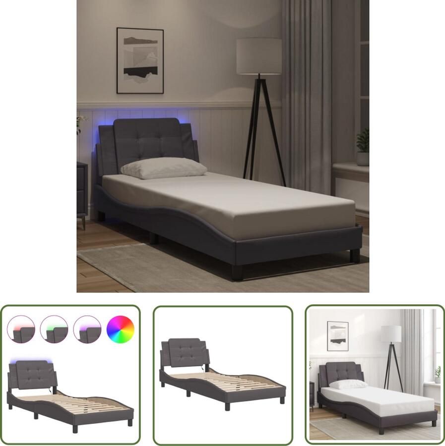 VidaXL Led Bed Frame Slaapkamersdecoratie Bedframe met LED zonder matras Zadar kunstleer grijs 90x190 cm Kunstleder Bed Tweepersoons Bed Met Hoofdbord