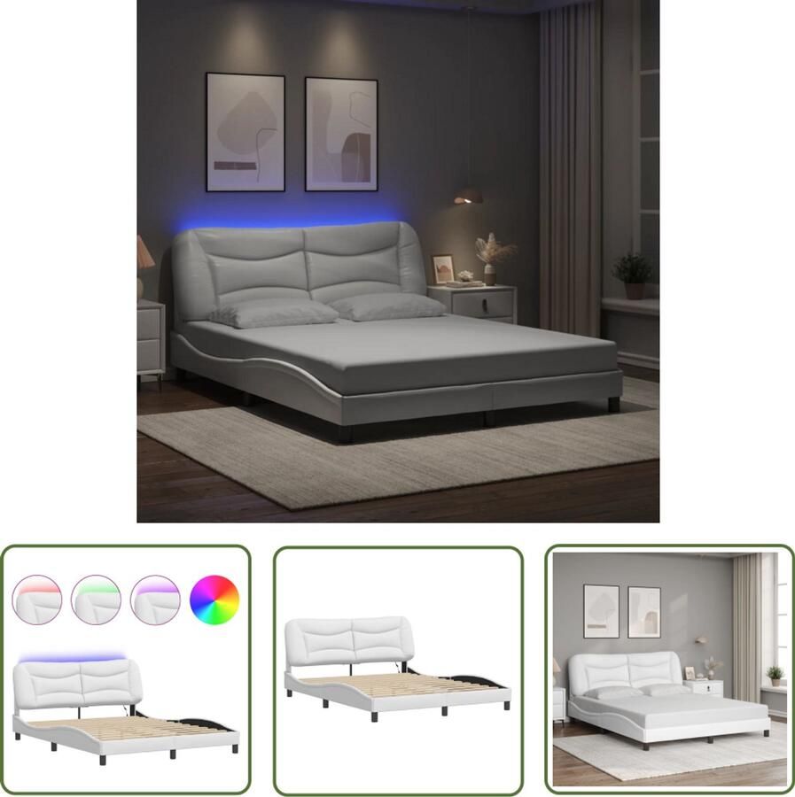 VidaXL Led Bed Frame Wit Bed Frame Bedframe met LED zonder matras Hvar kunstleer wit 160x200 cm Kunstleder Bed King Size Bed Tweepersoonsbed