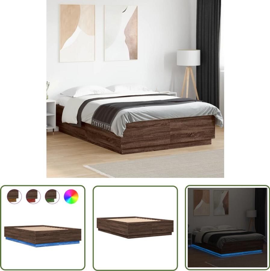 VidaXL Bedframe met LED-verlichting bruin eikenkleurig 140x200 cm Bruin Eiken Bedframe Led Bedframe Modern Bedframe Tweepersoons Bedframe Houten Bedframe