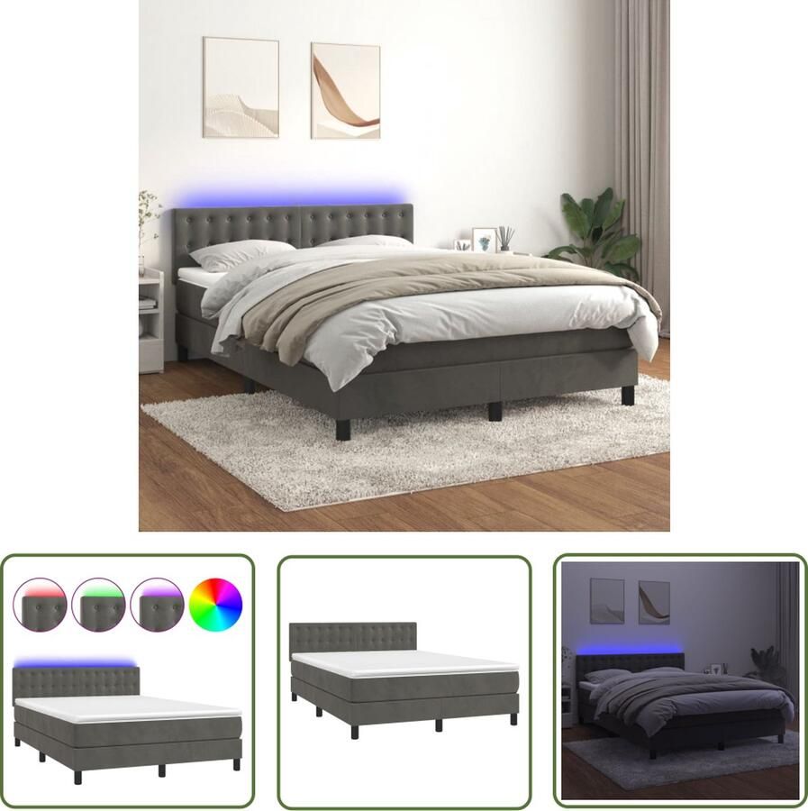 The Living Store Boxspring met matras en LED fluweel donkergrijs 140x200 cm Boxspring Led Boxspring Velvet Boxspring Tweepersoons Bed Slaapcomfort